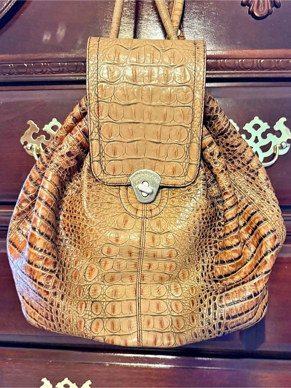 Brahmin Crocodile-Embossed Backpack in Brown & Tan